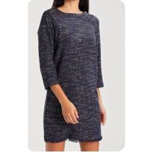 Joules Tweed Shift Dress Womens 6 Navy Brown 3/4 Sleeve Frayed Hem Back Zip